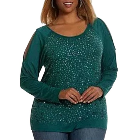 🆕 LANE BRYANT Plus 1X 14 16 Cold Shoulder Green STUDDED Shirt NEW‎ - Picture 1 of 4